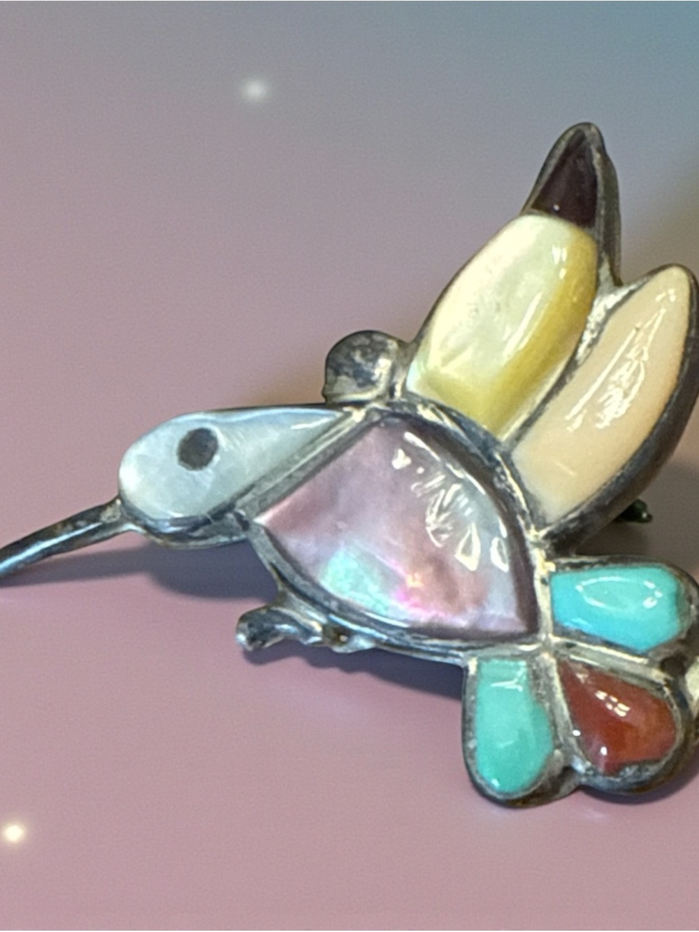 Vintage Zuni Sterling Silver Hummingbird Brooch Pendant Multi-Stone Inlay - Picture 2 of 4